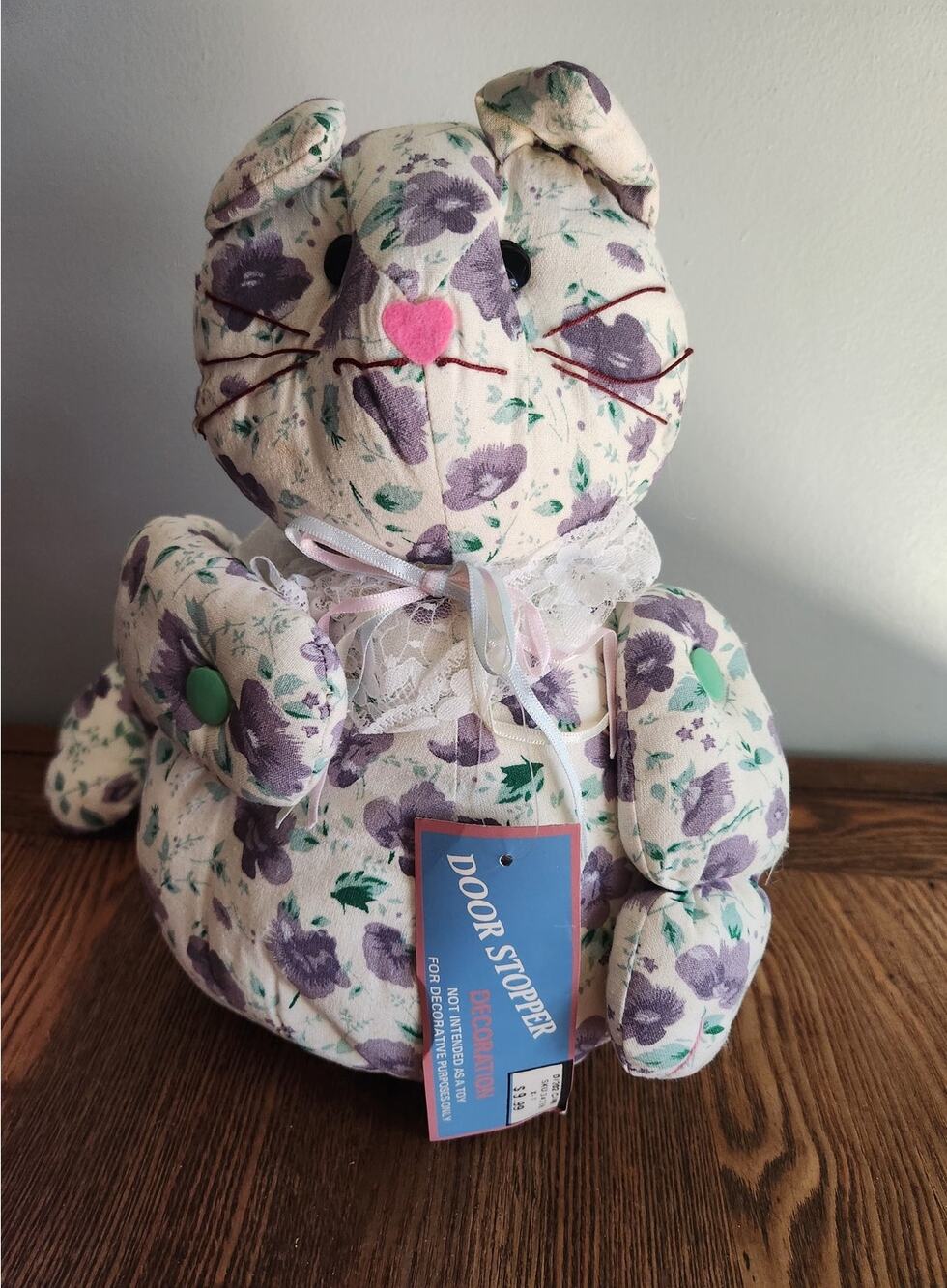 Vtg Purple/White Floral Fabric Cat Doorstop 1980's Shaɓby Chic Doorstop NWT
